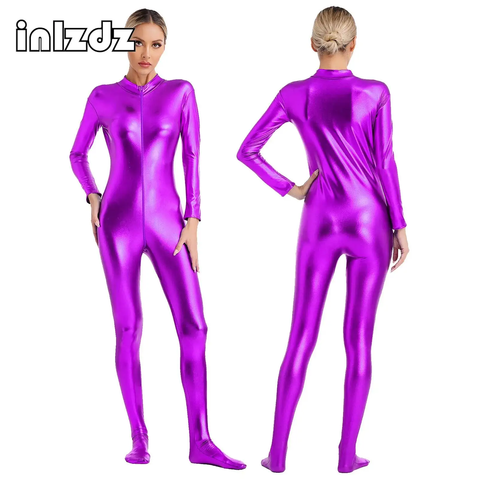 

Womens Metallic Shiny Zentai Jumpsuit Mock Neck Long Sleeve Front Zipper Full Body Unitard Tights for Performance Clubwear