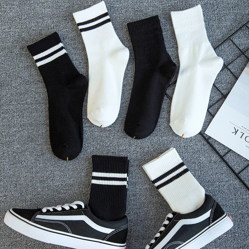 Хлопковые носки в полоску для мужчин и женщин, однотонные теннисные носки, белые и черные, унисекс, Коллекция весна-осень