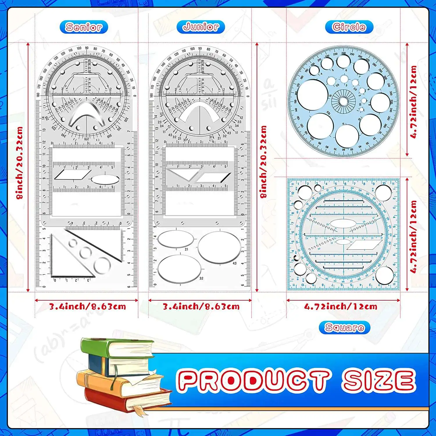 4Pcs Multifunctional Geometric Ruler Measuring Drawing Ruler Plastic Mathematics Tools for Student School Office Supply