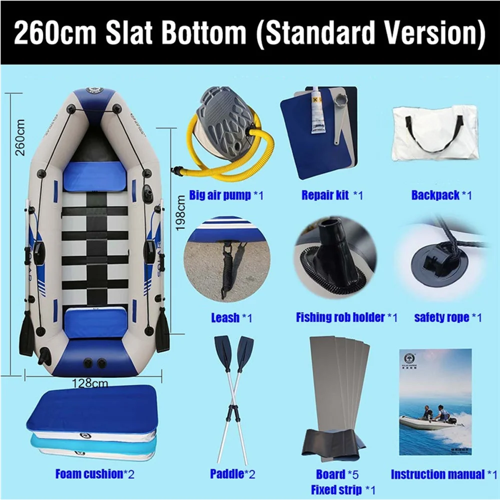 Solar Marine 2.6 M 4 Person PVC Inflatable Boat Fishing Kayak Thick And Wear-resistant Canoe Air Mat Floor With All Accessories