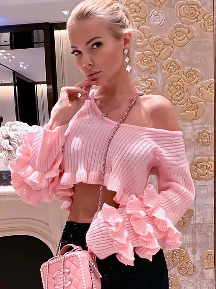 

Taruxy Pink Ruffles Knitted Sweater Women Summer O-Neck Long Sleeve Slim Mini Pullovers High Street Y2K Tops Women's Clothing