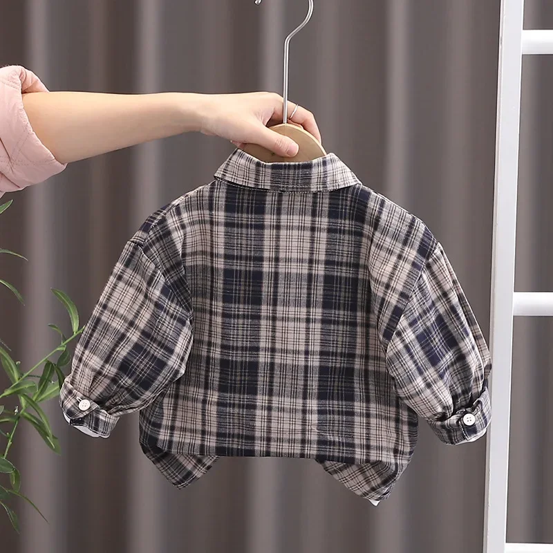 Spring Outfit Set for Boys And Girls Plaid Shirt Color Block Design Korean Style Baby Boys Spring Fashion Children's Clothing
