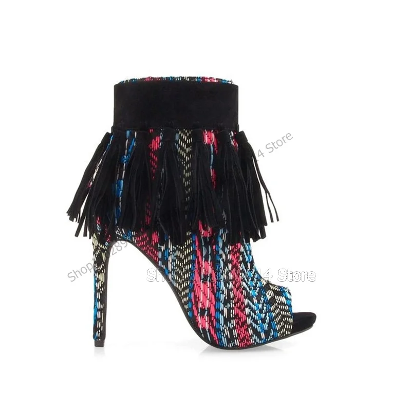 

Mixed Color Print Black Tassels Ankle Boots Side Zipper Women Shoes Stilettos Hign Heels Peep Toe Novel 2023 Zapatos Para Mujere