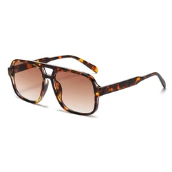 Vintage Oversized Square Aviator Sunglasses - Trendy Green Retro Shades with UV400 Protection (Leopard double tea)