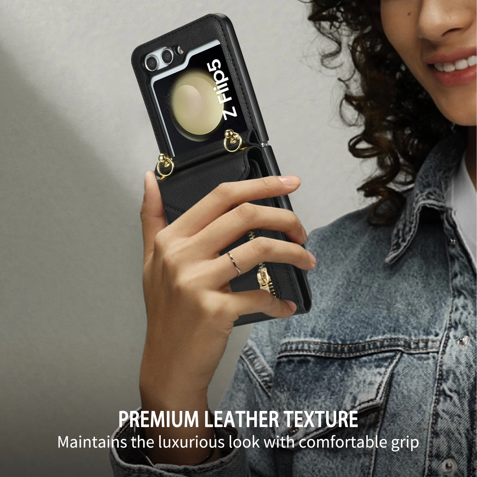 For Samsung Galaxy Z Flip 5 4 3 Case Plain Soft Leather Zipper Wallet Card Bag Crossbody Strap Multifunctional Shockproof Cover