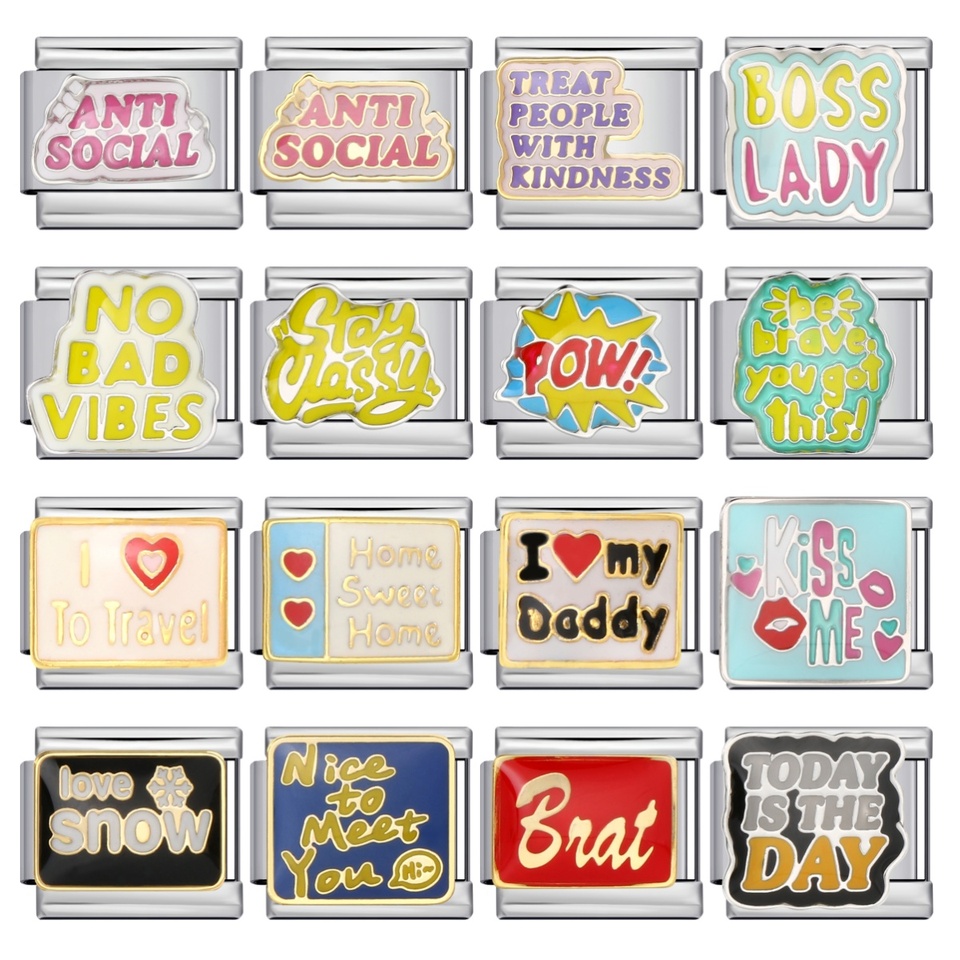 Fashion Women Men Y2k Colorful Glaze Personality Words Italian Charm Link Fit 9mm Stainless Steel Bracelet DIY Making Jewelry