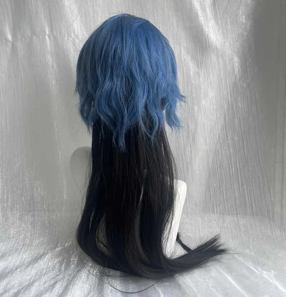 Black Blue Synthetic Straight Wig with Bangs for Women Cosplay