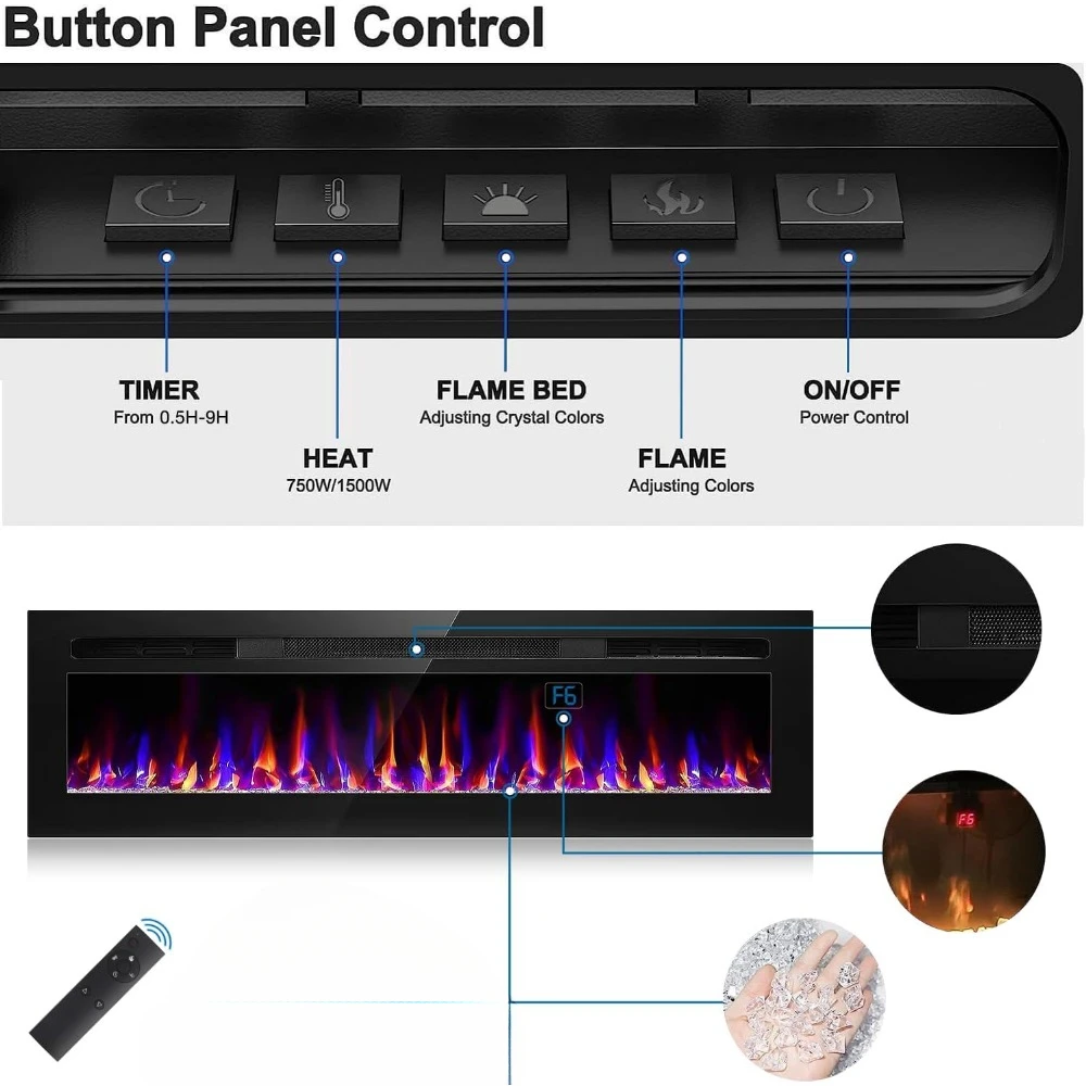 68 Inch Electric Fireplace Recessed and Wall Mounted, Fireplace Heater and Linear Fireplace, Ultra-Thin Electric Fireplace 3