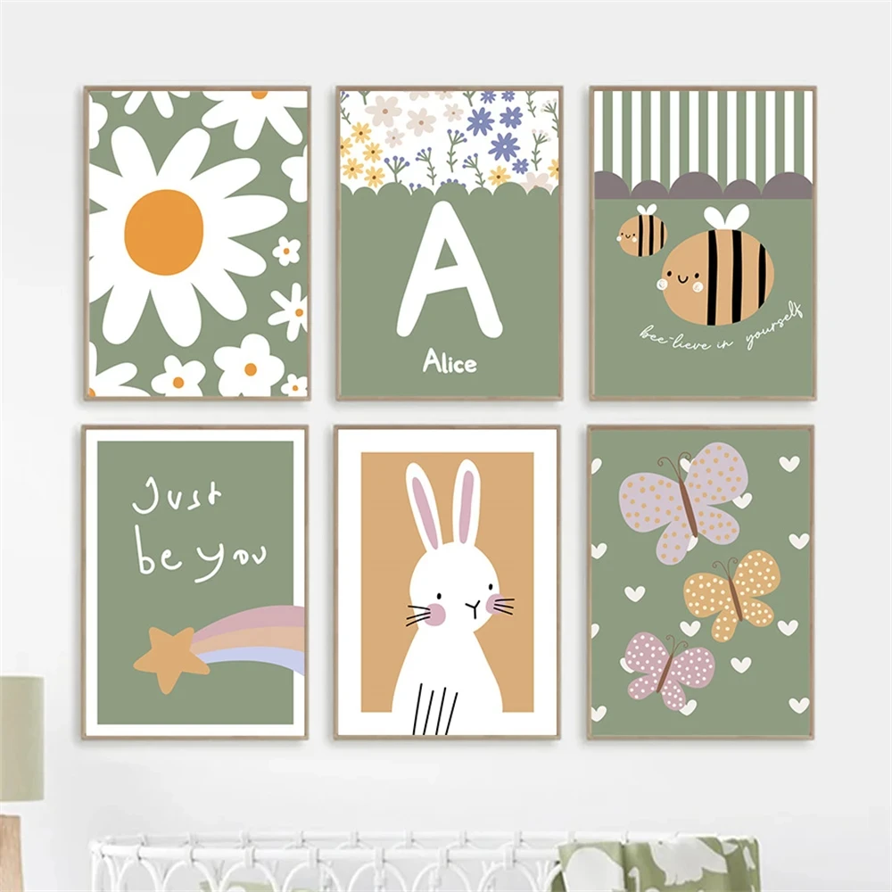 cartoon-daisy-butterfly-bee-canvas-poster-custom-name-wall-painting