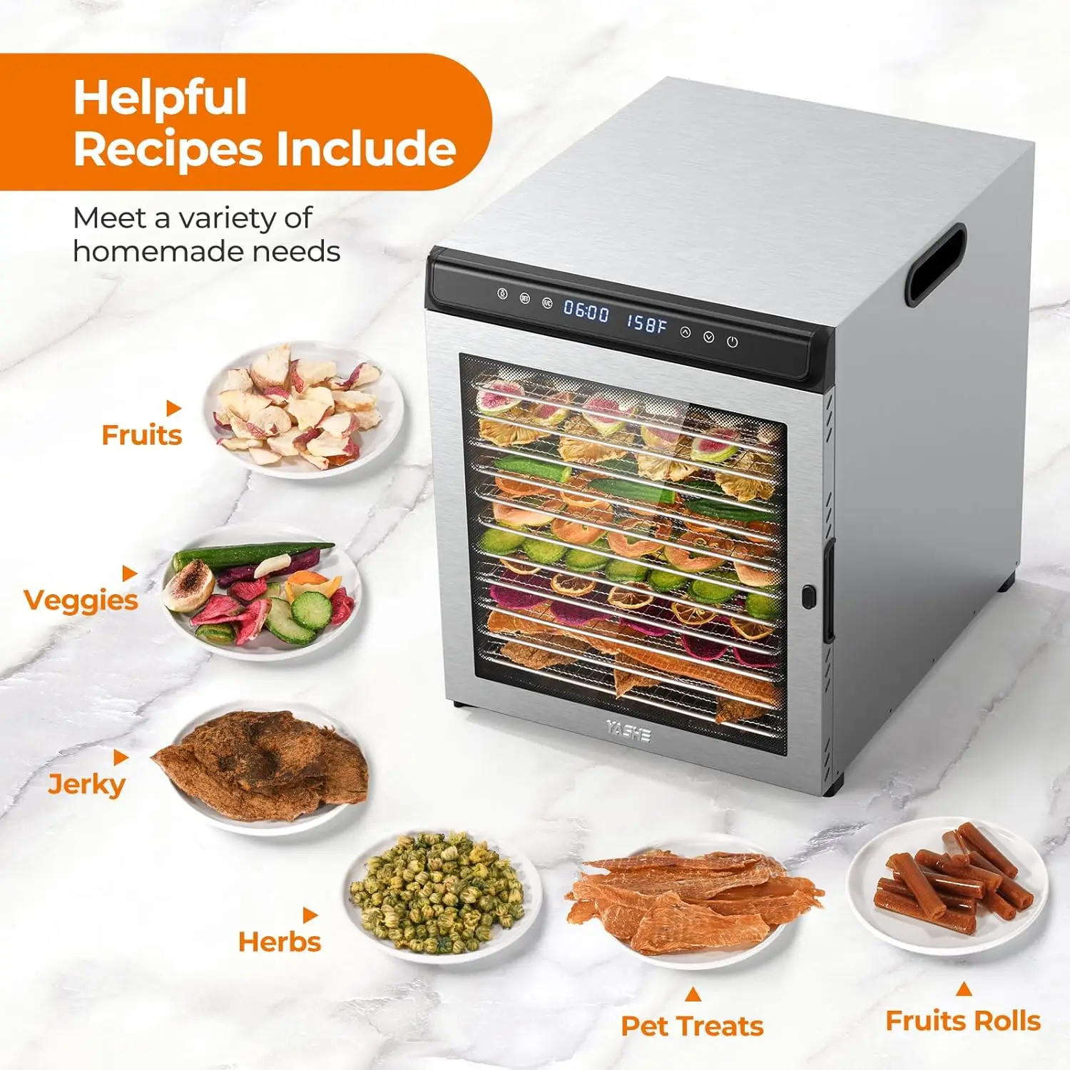 Food Dehydrator Machine 12 Stainless Steel Food Dryer 72H Timer Temperature Control 1300W Dehydrators