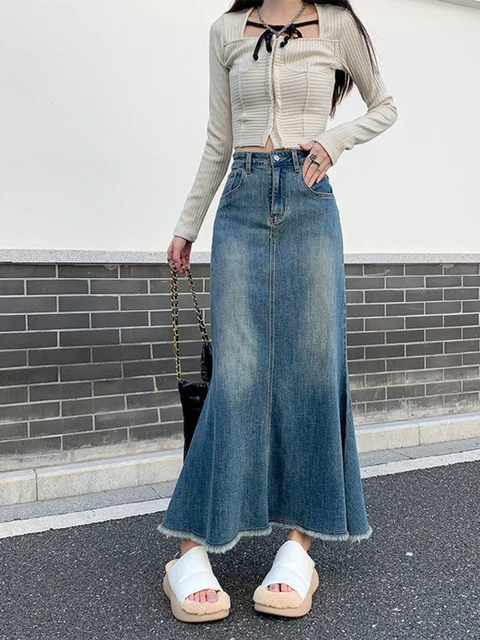 XS-XL Vintage Long Denim Skirt 2023 korean style High Waist A Line