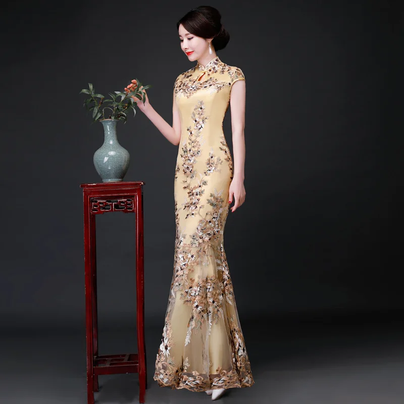 Oversize 3XL Chinese Sexy Embroidery Oriental Party Female Cheongsam Stage Show Qipao Dress Elegant Celebrity Banquet Dresses