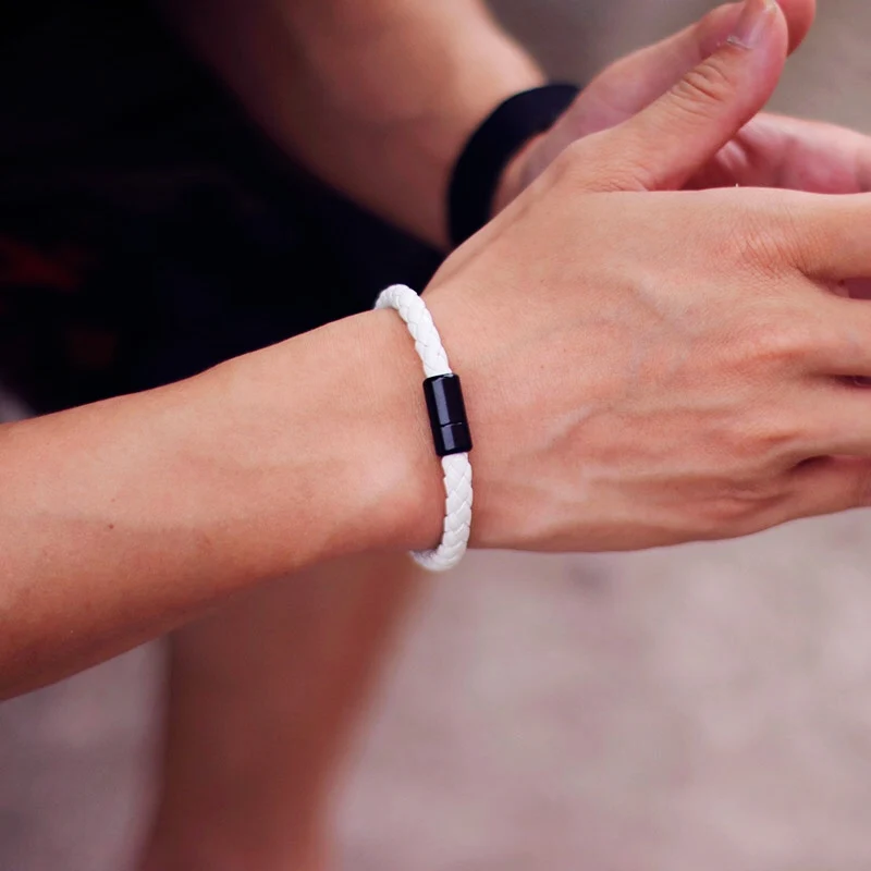 Leather Men Hiphop Braided Magnetic Clasp Black Bracelet
