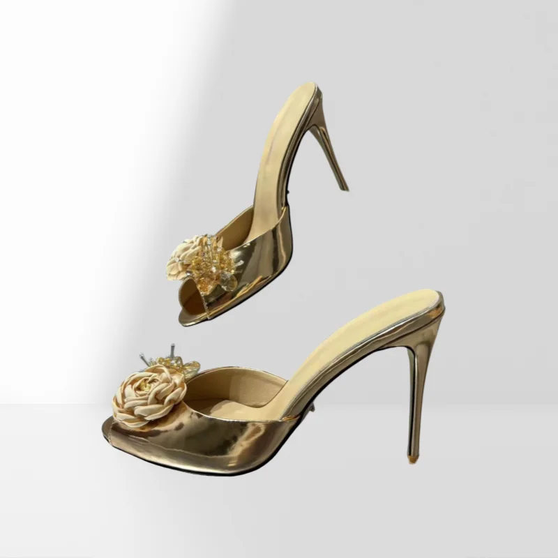 Golden Pointed Peep Toe Thin Heels Spring New Women Slippers Rose Crystals Decor Heels Elegant Banquet Dress Lady Shoes