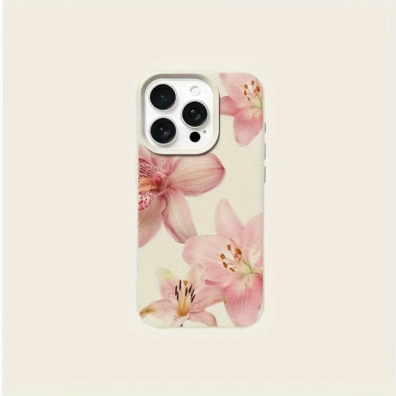 รูปสินค้า เคสโทรศัพท์ลายดอกลิลลี่ สีชมพู สำหรับ iPhone 16/17/15/14/13/12/11 Pro Max หนังวินเทจ ป้องกันอย่างดี