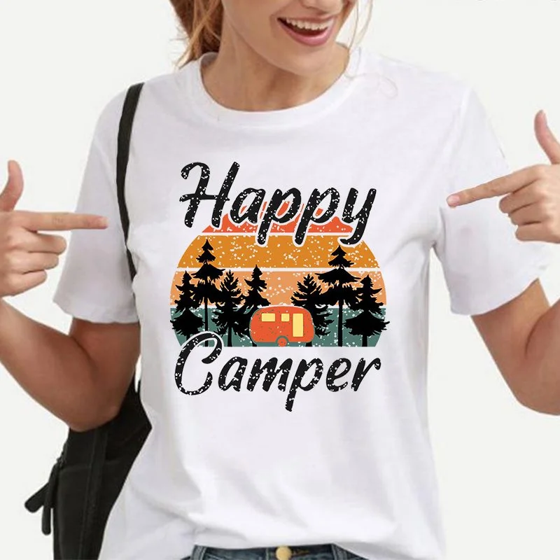 

New Happy Camper Print T-Shirt Men Women Fashion Short Sleeve Casual Summer Tops Tees