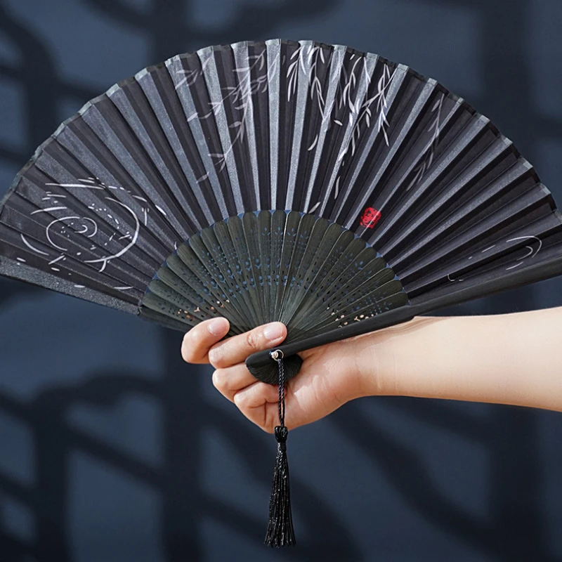 Folding Fan Hand Fan Chinese Style Folding Hand Fan 33cm Japanese Vintage 13 inch Fold Fan Traditional Crane with Ribbon for Hanfu