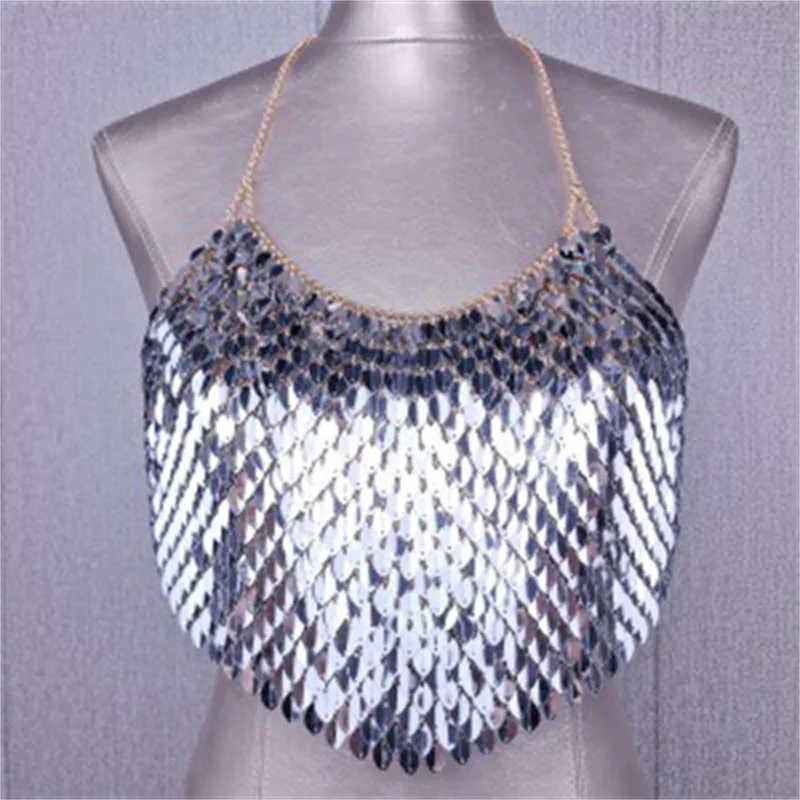2025 herbst Einstellbare Halter Frauen Crop Top Glänzenden Strass Körper Kette Bh Elegante Funkelnden Rohr Top Halloween Nachtclub Party – Detail 9