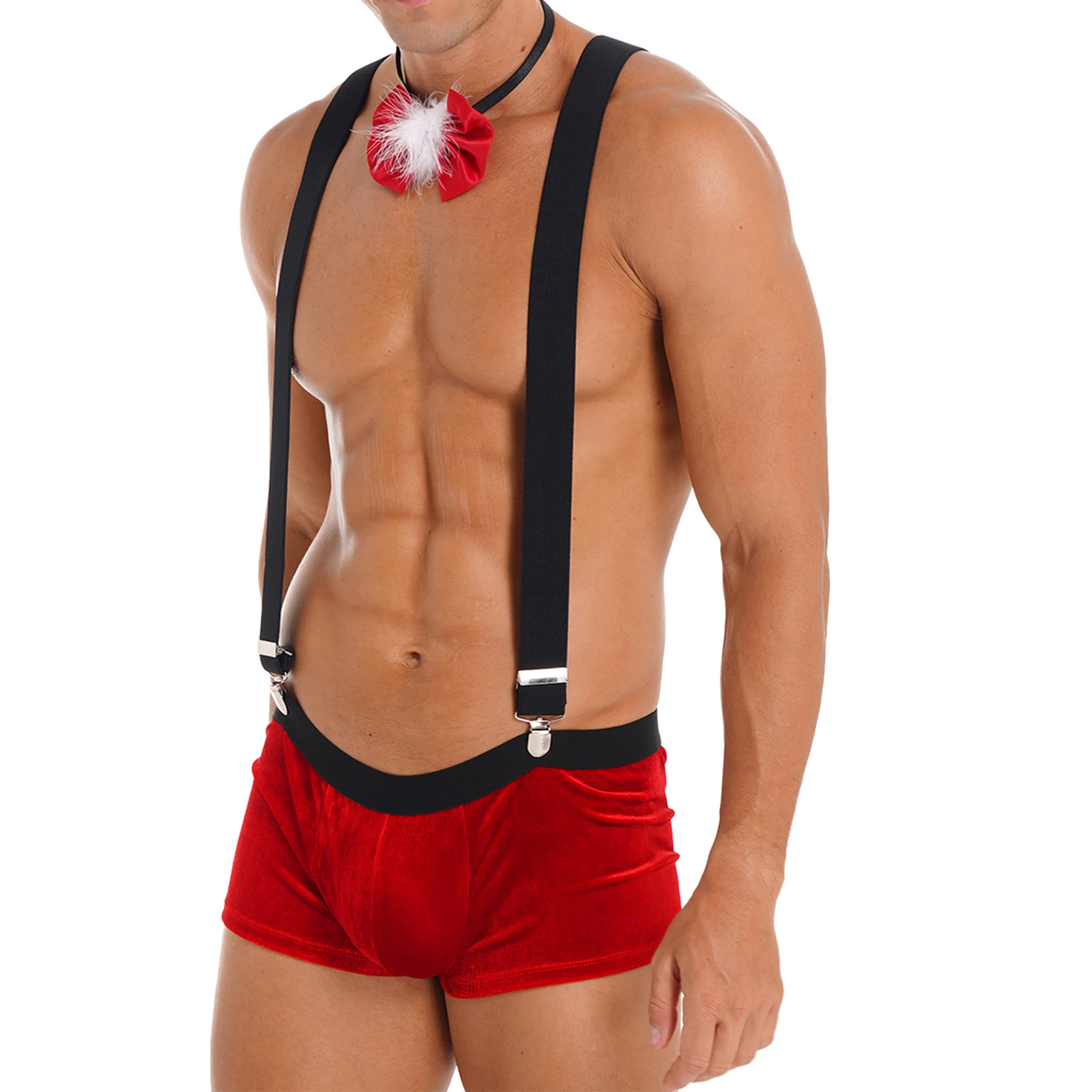 Mens Xmas Costume Santa Claus Christmas Cosplay Party Outfit Low Rise Bulge Pouch Velvet Boxer Shorts with Suspenders Bow Tie