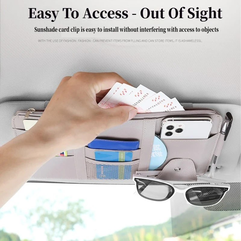 Car Sun Visor Organizer Sunshade Storage Bag PU Leather Multi-Pocket Net Zipper Car Sun Visor Organizer Sunglasses Holder for Car Interior Accessories