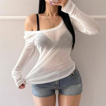 AOSSVIAO المرأة مثير انظر من خلال تي شيرت الصيف 2025 قاعدة طبقة كاملة كم بلوزة مستديرة العنق الكورية الصلبة الأساسية واقية من الشمس الإناث تيز