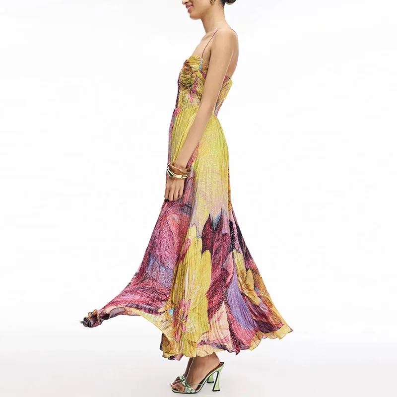 robe à bretelles, pour femme, à bretelles, taille haute, élégante, plissée avec imprimé