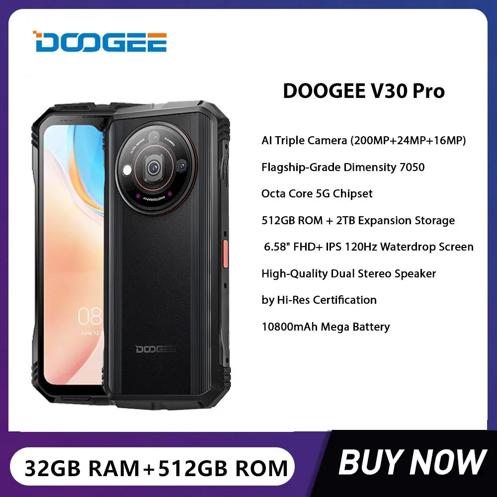 DOOGEE V30 Pro Rugged 5G Smartphone Octa Core 32GB+512GB 200MP Android 13 Cell Phone 6.58Inch FHD 10800mAh 33W Fast Charging NFC цена и фото