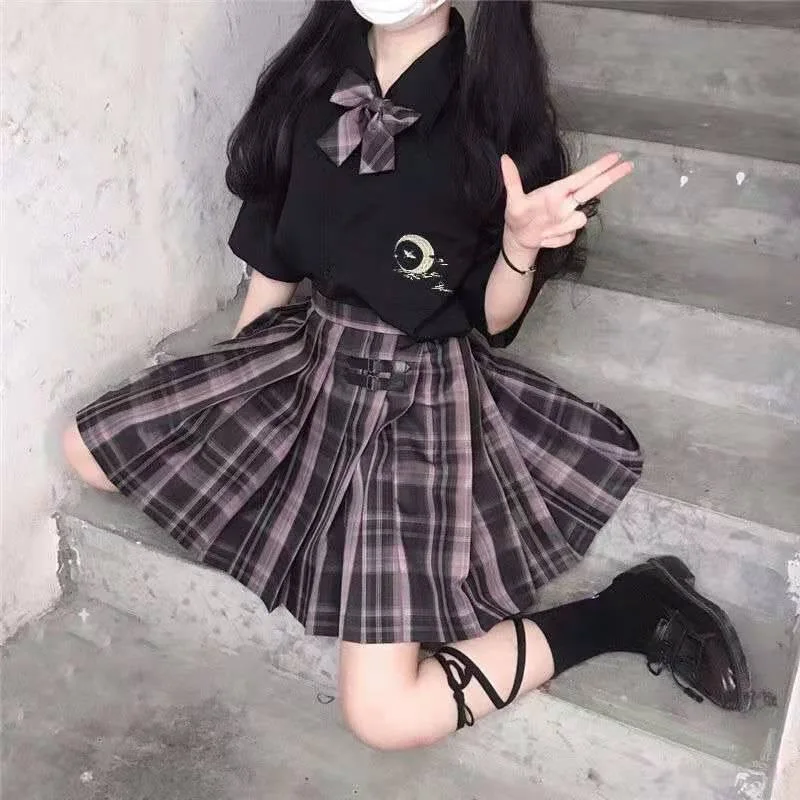 Japanese school uniform student S-2xl Student Girl Navy dress Cute woman Sexy Navy JK suit shirt Pleated plaid skirt suit