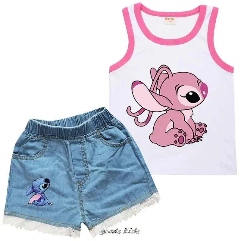 Lilo e Stitch Cotton Top infantil, camiseta e jeans sem mangas, agasalho casual, roupas de menina, calções de verão, quente, 2 peças