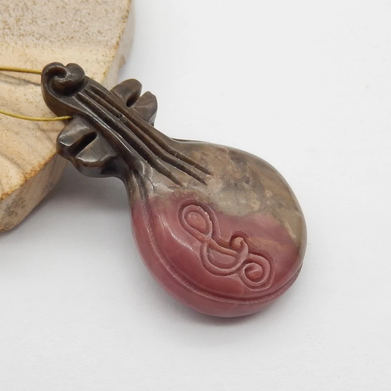 Natural Stone Rhodonite Handmade Carved Pipa Pendant Bead Fashion Jewelry Necklace Accessories 41x23x7mm 12g