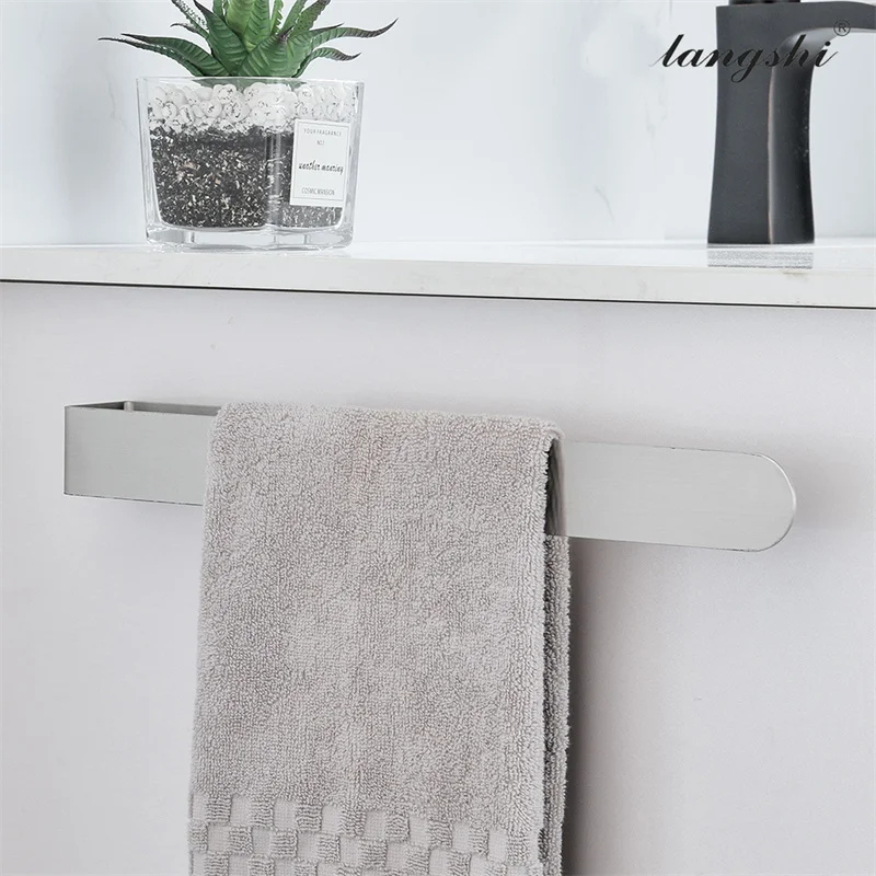 Stainless Steel Punch Free Towel Storage Holder Self-adhesive Wall Hanging Brushed Black Towel Rack Hanger Shelf Bath Hardware