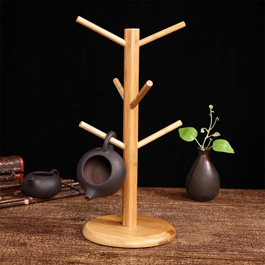 1PCS Multifunctional Bamboo Storage Rack Entryway Key Mug Drainage Shelf Storage Coffee & Tea Cup Holder Glass Mug Hanging Shelf 2