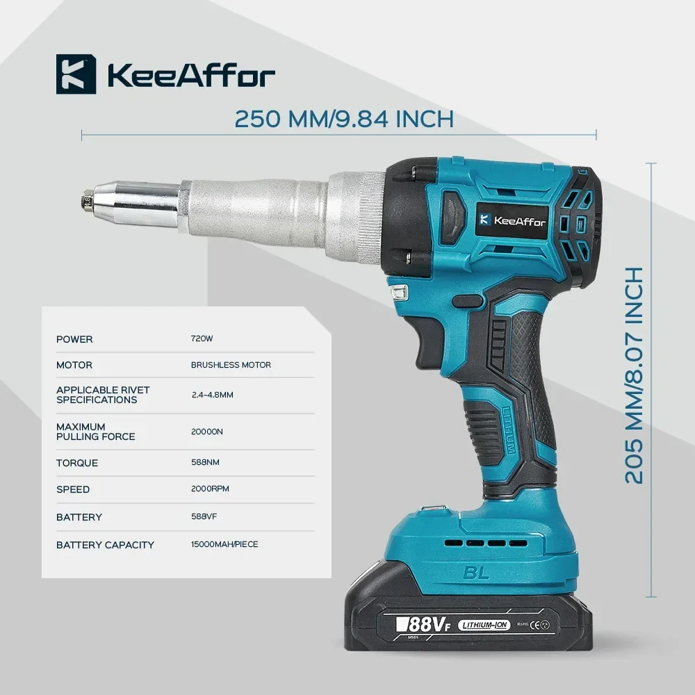 KEEAFFOR 720W 20000N Electric Rivet Gun Brushless Rivet Nut Gun Cordless Drill Insert Nail Gun Power Tool For Makita 18V Battery 3