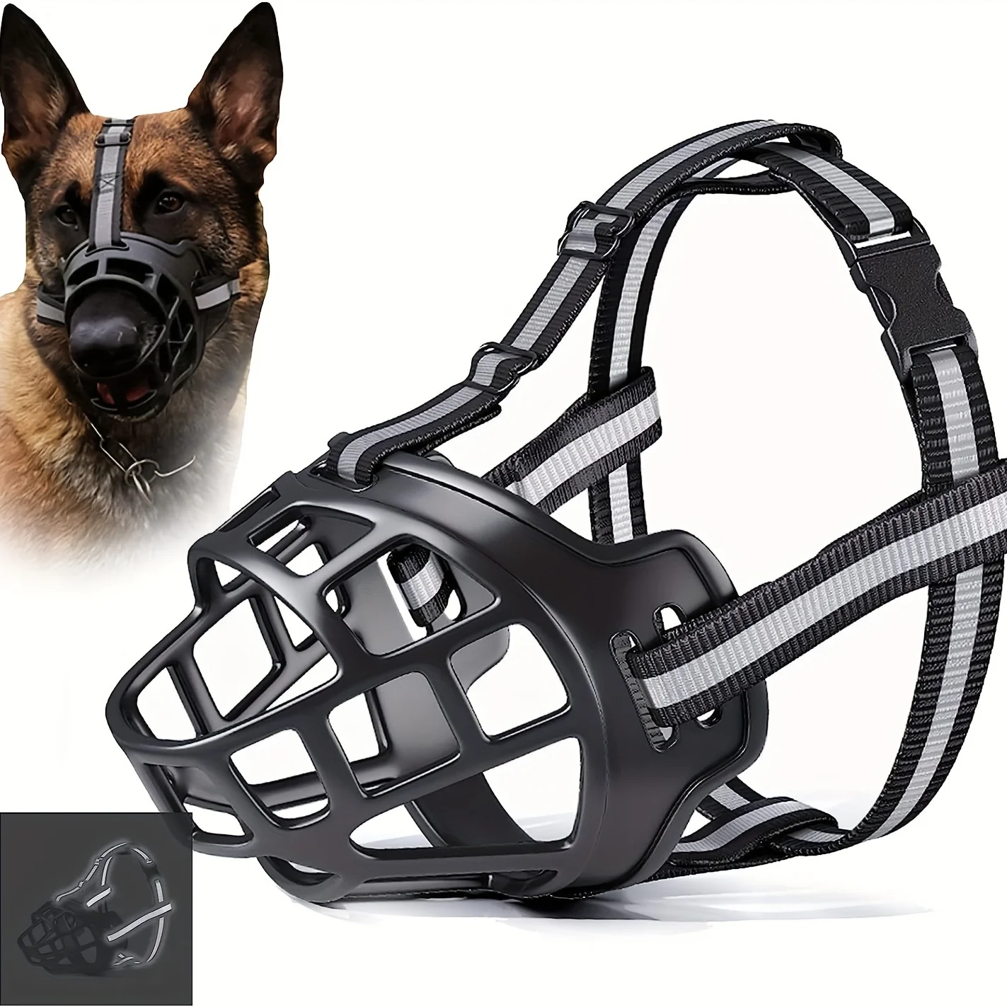 Adjustable Dog Muzzle Breathable Basket Muzzle with Reflective Tape Durable Chew-Proof Pet Muzzle for Safety