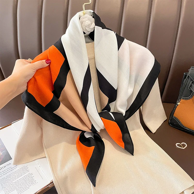 Women Spain Brand Design Scarf New Fashion Geometric Cotton Scarves Square Small Handkerchief Neck Snood Bag Hijab Snood 90*90Cm 2