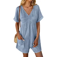 Summer Casual Overalls For Women Loose Ruched Short Sleeve V Neck Shorts Jumpsuits With Pockets Rompers Solid Bib Overall - Image 3