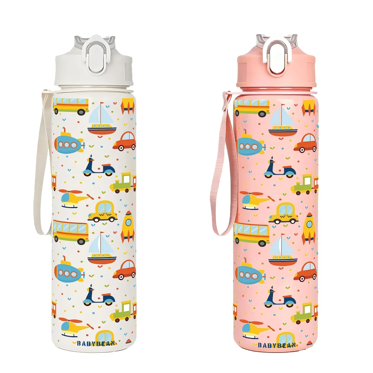 Cartoon Transport Vehicle Print Leakproof Water Bottle with Flip Straw and Lanyard - 750ml