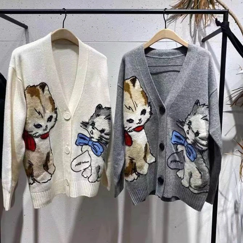 Women Knitted Cardigans Cartoon Cat Pattern Retro Korean Chic Long Sleeve V-neck Sweater Coat Fashion Outerwear Loose Female Top 3