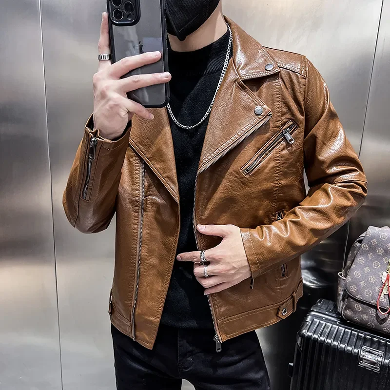 Korean Motorcycle Leather Jackets Men Large Lapel Pu Casual Biker Coat  Streetwear Social Business Coat Handsome Men Clothing - Faux Leather -  AliExpress