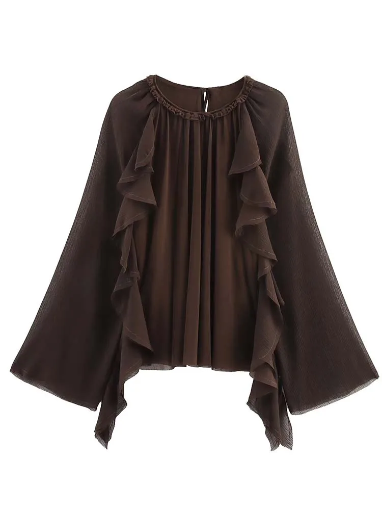 2025 Autumn New Women Shirt Loose Tied Stacked Decoration Woman Tops Ruffles Flare Sleeve Loose Elegant Blouses Lady