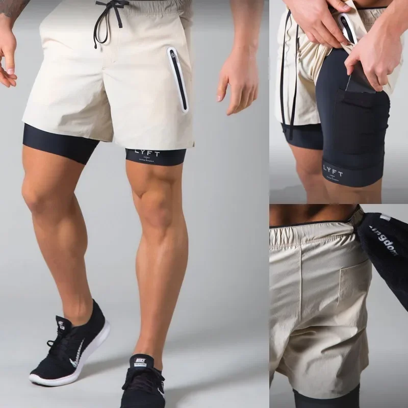 Men's Casual Loose Fit Basketball Shorts Summer Sport Fitness Quick Dry Double Layer Zipper Multi Pocket Leisure Pants