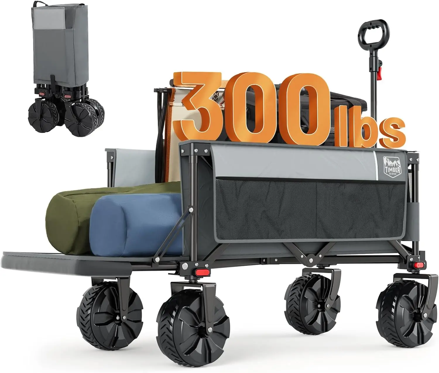 

47" Extra Long Collapsible Folding Wagon with Tailgate, 300lbs Heavy Duty Beach Wagon with All-Terrain Big Wheels