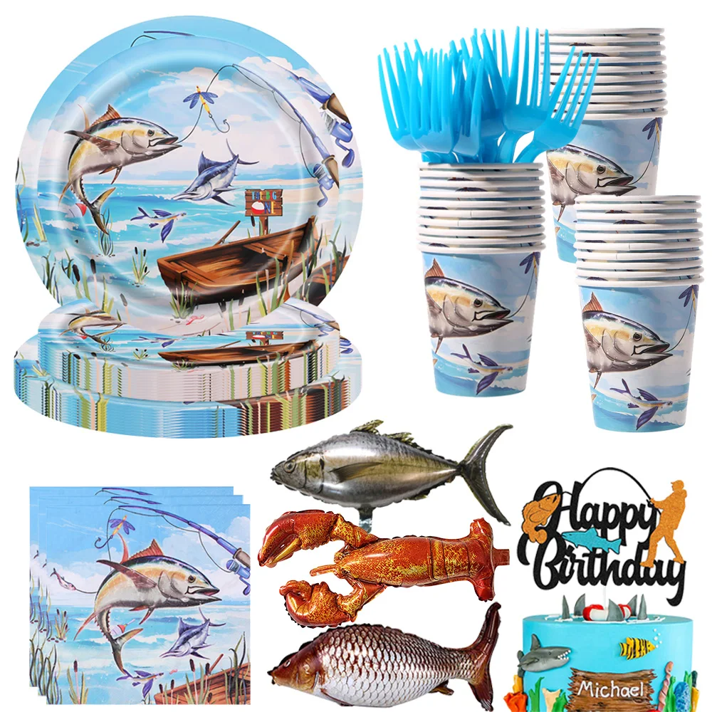 Juego de vajilla para fiesta temática de pesca, platos de papel,  servilletas, tazas, pescador, niños, cumpleaños, Baby Shower, suministros  de decoración para fiesta de mariscos - AliExpress, image size:1000x1000