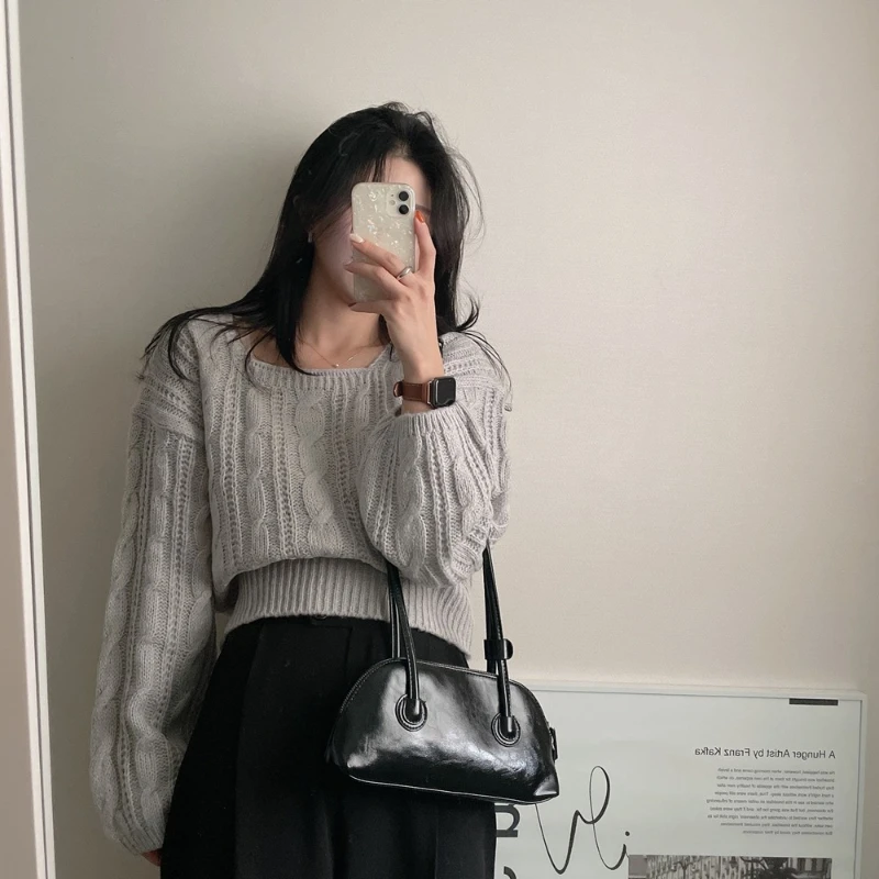 New Autumn and Winter Women's Lantern Sleeves Solid Color Square Neck Sweater Elegant Pullover Long-sleeved Knitted Sweater