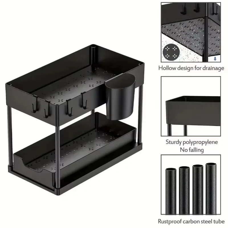Pull-Out Cabinet Storage Rack Detachable Trays Hooks Bathroom Kitchen Under Counter Space Saving Home Organizationer