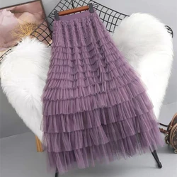 2024 New Spring Summer Women High Waist Slim Long Skirt High Quality Lolita Style Sweet Multilayered Mesh Patchwork Cake Skirt