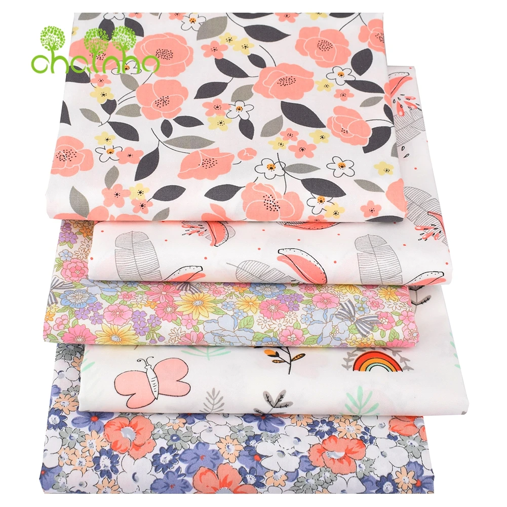 Chainho,Printed Twill Weave Cotton Fabric,DIY Sewing Quilting Material,Patchwork Cloth,5 Designs Pink Series,2 Sizes,15C200