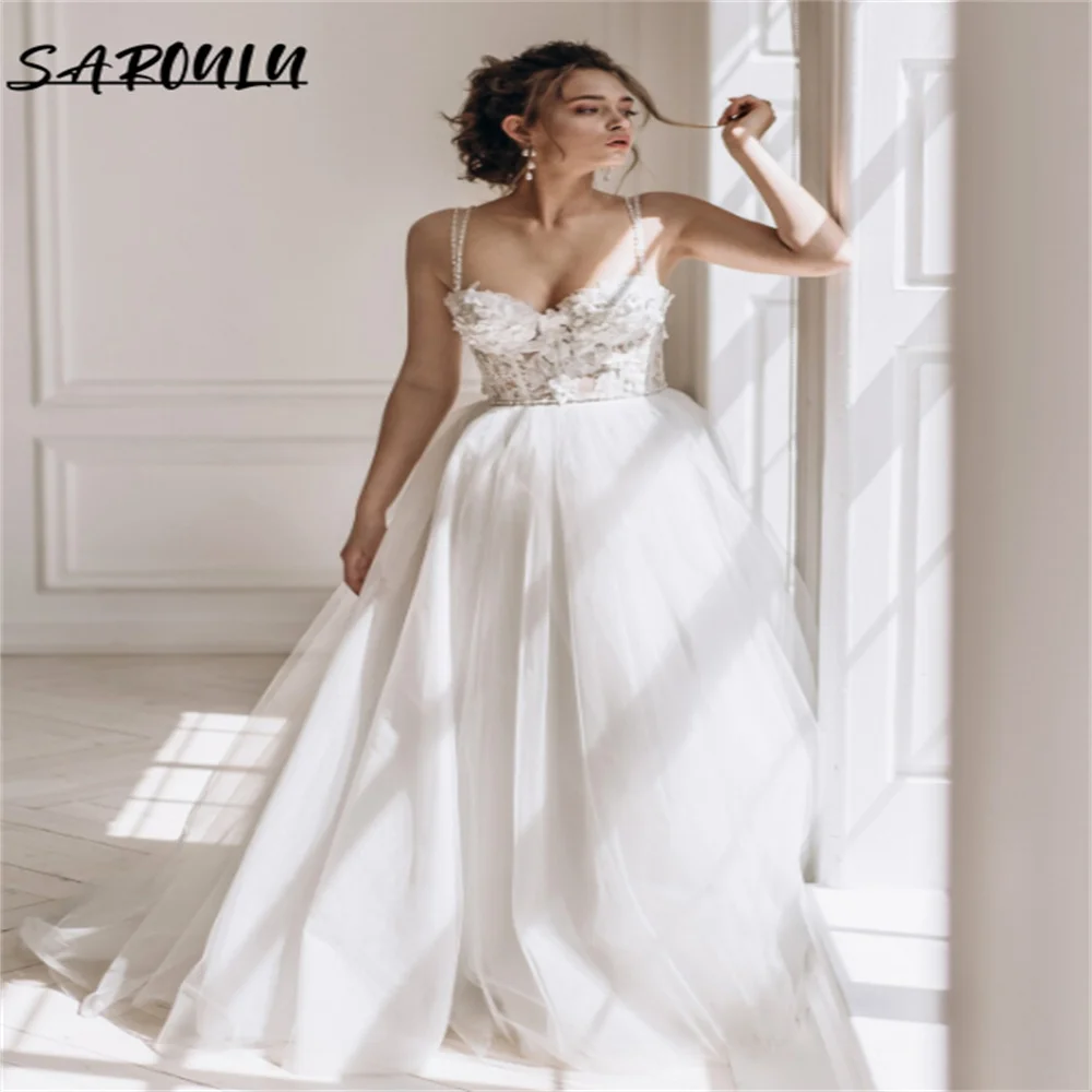 

Elegant Lace Floor-length Wedding Dress Romantic Spaghetti Straps Bridal Gown Beach Vestidos De Novia