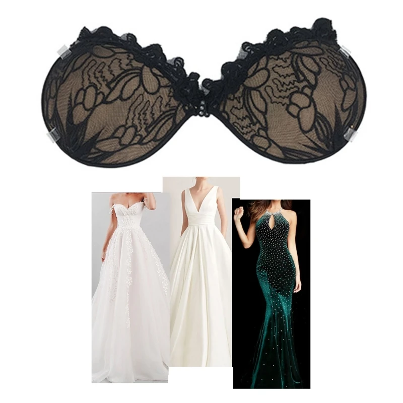 

Women Silicone Nipple Cover Invisible Sticky Lace Bras with Front Clip for Dress