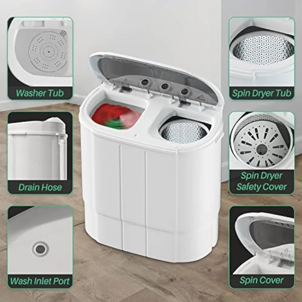 Portable Small Washing Machine, 13.5Lbs Mini Compact Washer and Dryer  Combo, 2 in 1 Apartment Washers with Twin Tub